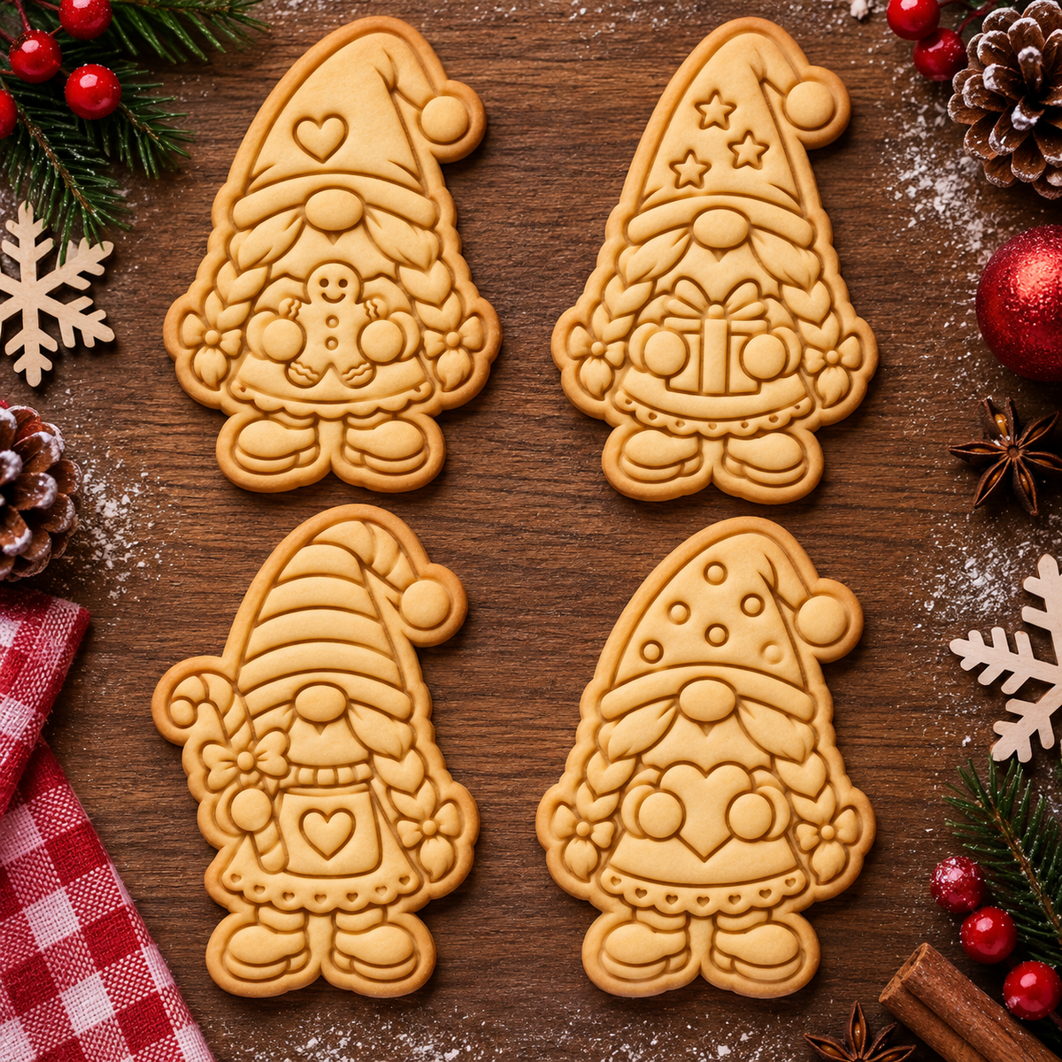 Set 4 Tagliabiscotti Gnomi di natale versione femminile – Stampi Natalizi con Dettagli