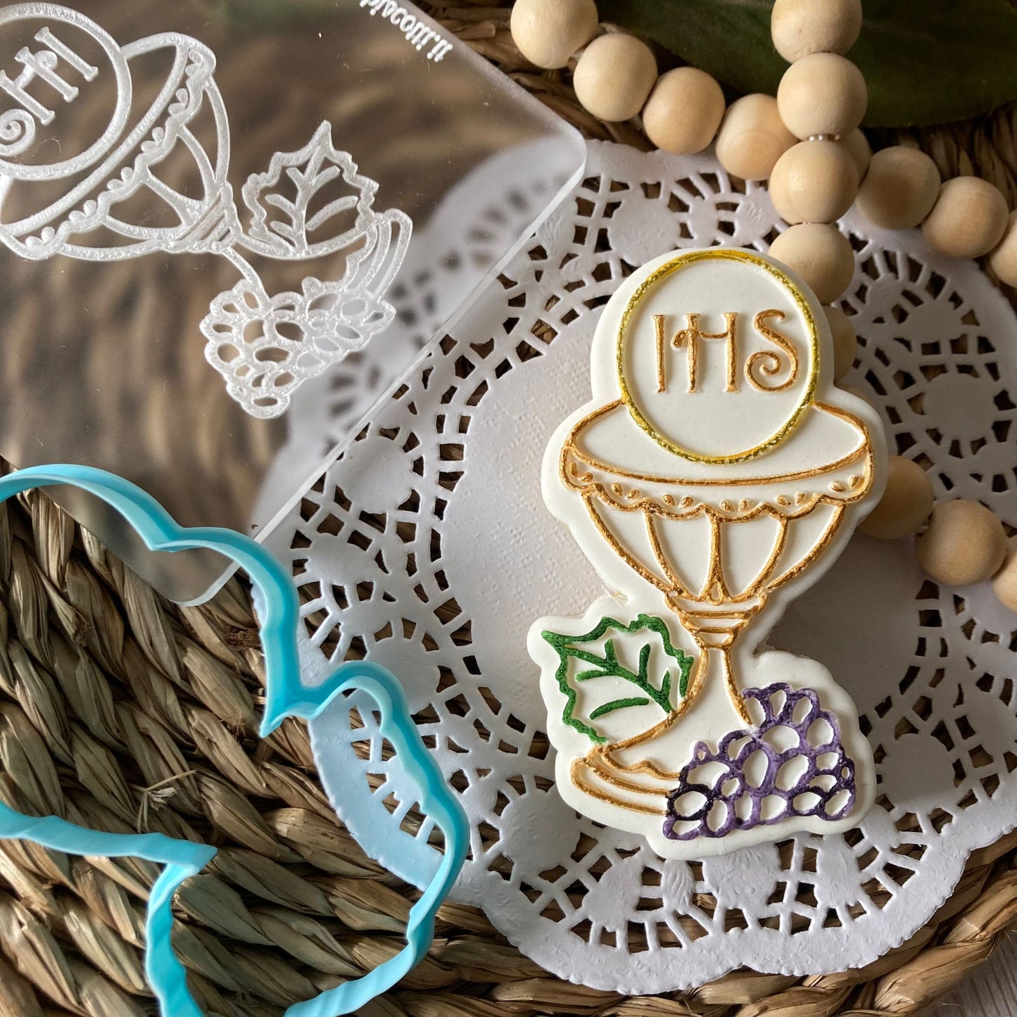 Moule acrylique - Calice de première communion avec raisins et plaquette de houx - Outbosser - Emporte-pièce - Emporte-pièce ou décorations de gâteaux