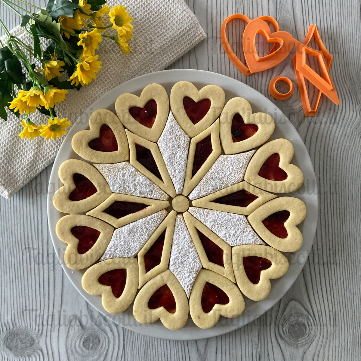 Cookie Cake Mod.7 - Set de cortadores de galletas “Rosetón de Corazones” – Tarta de 28 cm - Molde “Fácil y Perfecto” – Cortador de galletas para porciones precisas