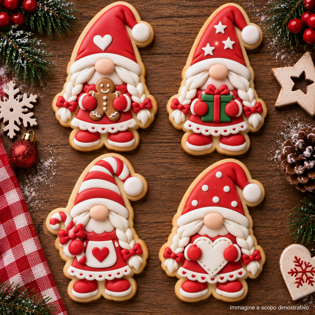 Set 4 Tagliabiscotti Gnomi di natale versione femminile – Stampi Natalizi con Dettagli