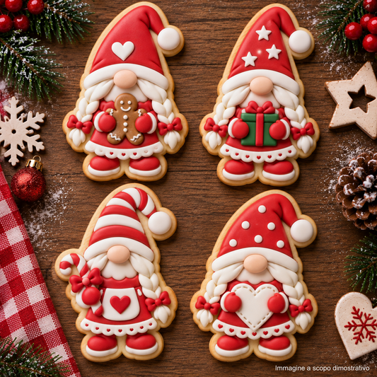 Set 4 Tagliabiscotti Gnomi di natale versione femminile – Stampi Natalizi con Dettagli