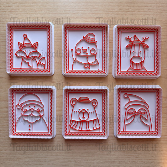 Tagliabiscotti Natalizi - Francobolli –  6 Soggetti in Cornice (Volpe, Pupazzo di Neve, Renna, Babbo Natale, Orso, Pinguino)