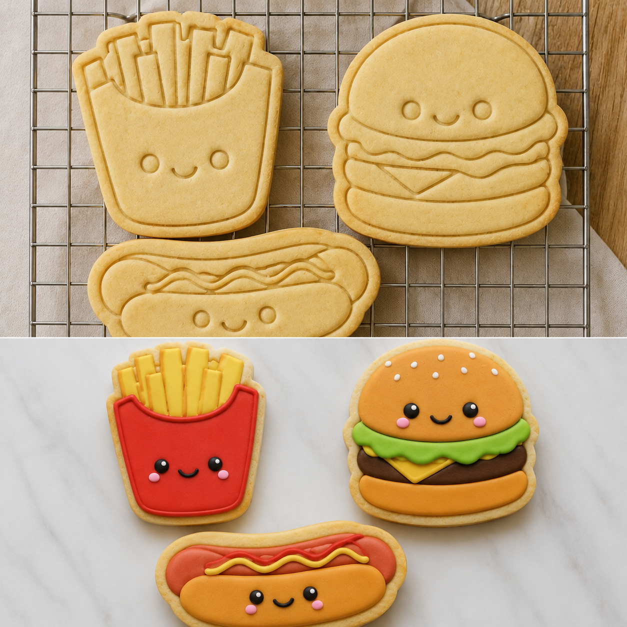 Set Tagliabiscotti Fast Food Kawaii – Hamburger, Patatine e Hot Dog – Stampi Biscotti