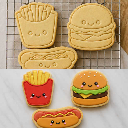 Set Tagliabiscotti Fast Food Kawaii – Hamburger, Patatine e Hot Dog – Stampi Biscotti