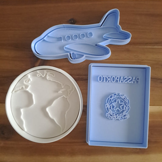 Set Viaggio Mod.2 - Aeroplano Mondo e Passaporto - Cookies Cutter - Formina - Stampo