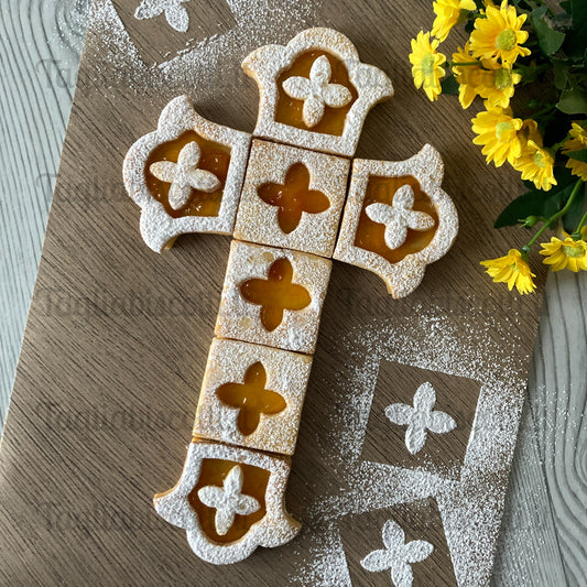 Crostata Cookie Cake Mod.9 - Set Tagliabiscotti “Croce con decorazioni” – Crostata Componibile (Moduli Quadrati + Estremità) - Divisa “Facile & Perfetta” – Cookie Cutter per porzioni precise