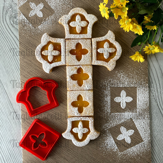 Crostata Cookie Cake Mod.9 - Set Tagliabiscotti “Croce con decorazioni” – Crostata Componibile (Moduli Quadrati + Estremità) - Divisa “Facile & Perfetta” – Cookie Cutter per porzioni precise